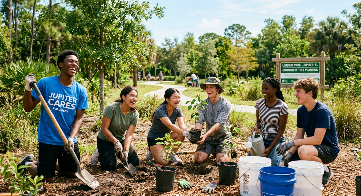 Teen volunteers planting trees together in a park