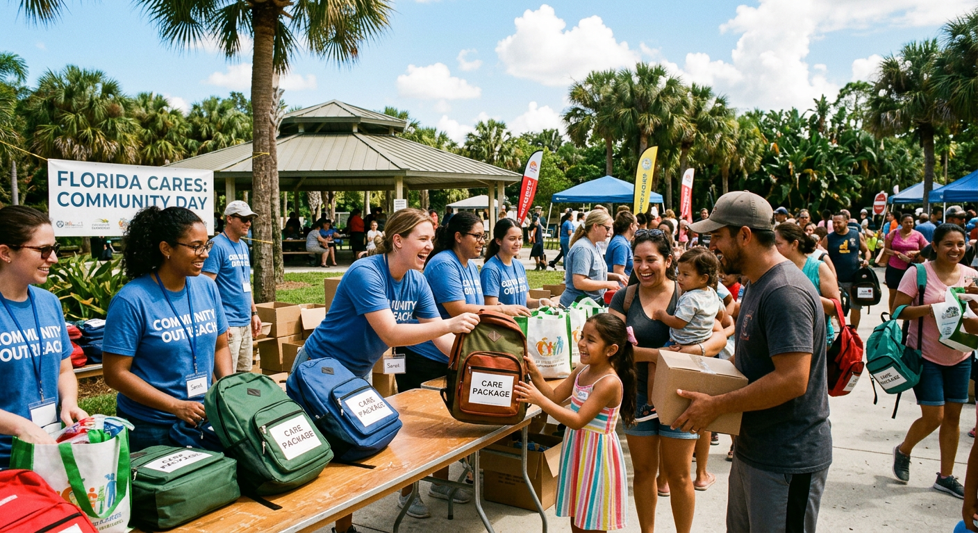Volunteers handing care packages to families at an outdoor event