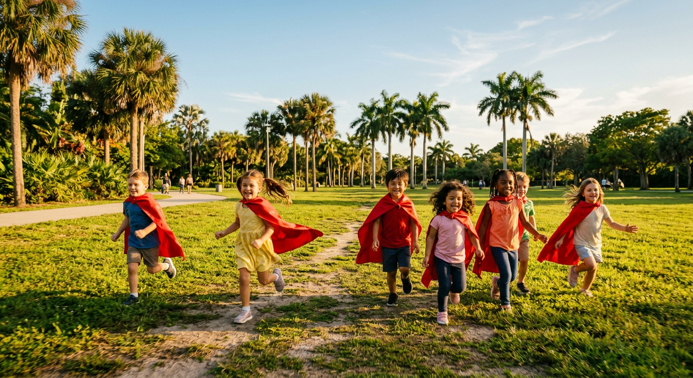 Children wearing red capes running together through a sunny park