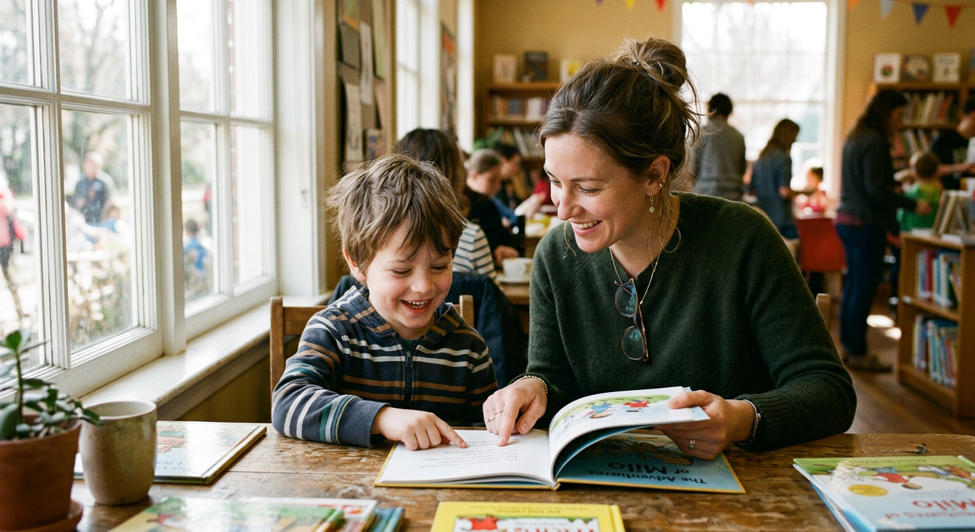 A volunteer mentor reading a book with a young child